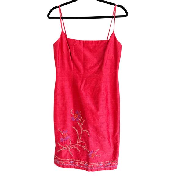90s Vintage LAUNDRY  | Red Silk Embroidered Square Neck Cocktail Dress 8 Petite - Picture 1 of 10